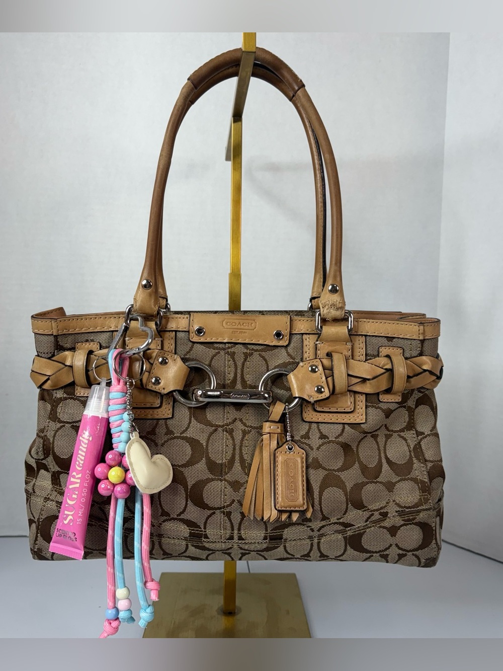 Y2K COACH Hamptons Tan & Brown Signature Canvas Satchel Leather Braided Strap